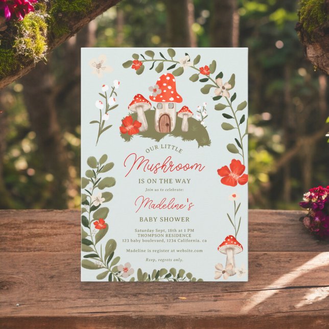 Whimsical woodland mushrooms floral baby shower invitation (Whimsical woodland mushrooms floral baby shower invitation on aqua blue)