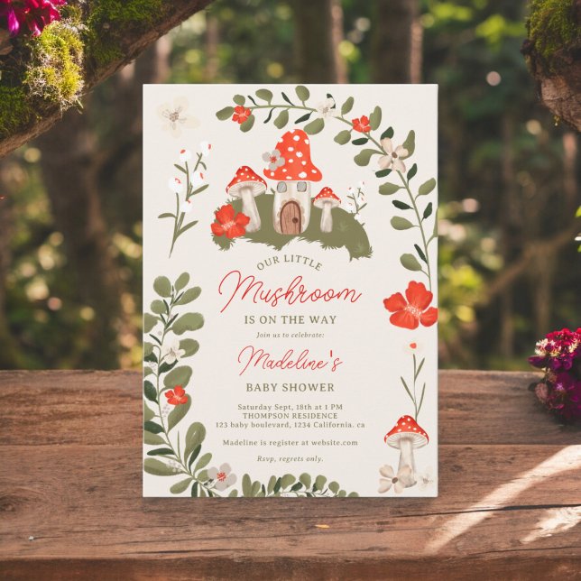 Whimsical woodland mushrooms floral baby shower invitation (Whimsical woodland mushrooms floral baby shower invitation on ivory beige)