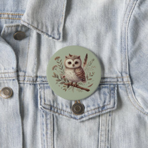 Whimsical Woodland Owl Botanical Illustration 3 Inch Round Button