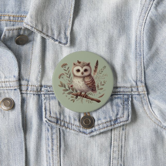 Whimsical Woodland Owl Botanical Illustration 3 Inch Round Button (In Situ)