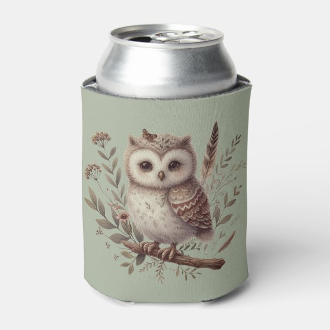 Whimsical Woodland Owl Botanical Illustration Can Cooler (Can Front)