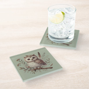 Whimsical Woodland Owl Botanical Illustration Glass Coaster