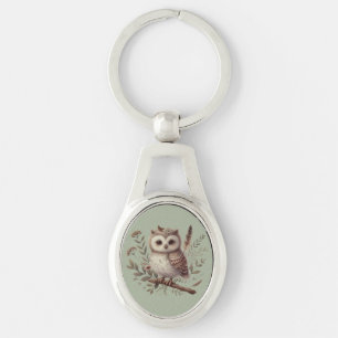 Whimsical Woodland Owl Botanical Illustration Keychain