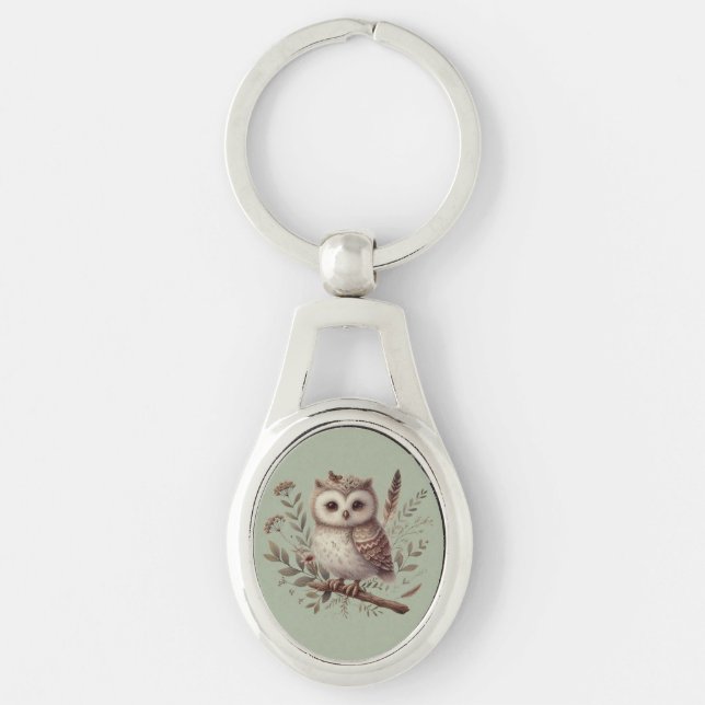 Whimsical Woodland Owl Botanical Illustration Keychain (Front)