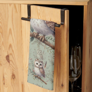 Whimsical Woodland Owl Botanical Illustration Kitchen Towel