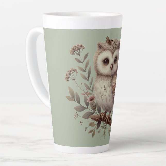 Whimsical Woodland Owl Botanical Illustration Latte Mug (Left Angle)