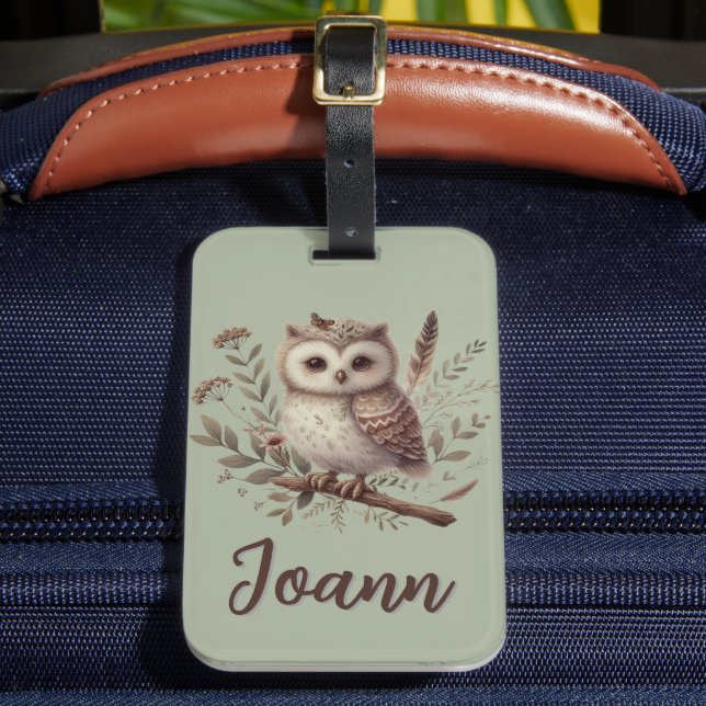 Whimsical Woodland Owl Botanical Illustration Luggage Tag (Front Insitu 2)