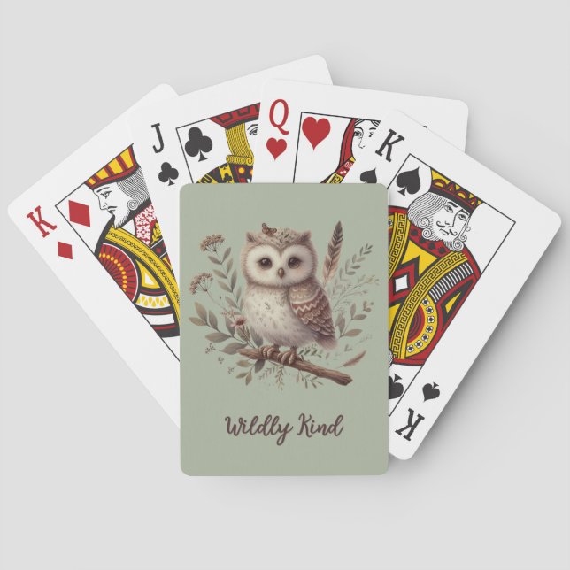 Whimsical Woodland Owl Botanical Illustration Playing Cards (Back)