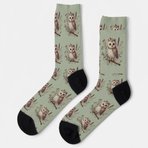Whimsical Woodland Owl Botanical Illustration Socks