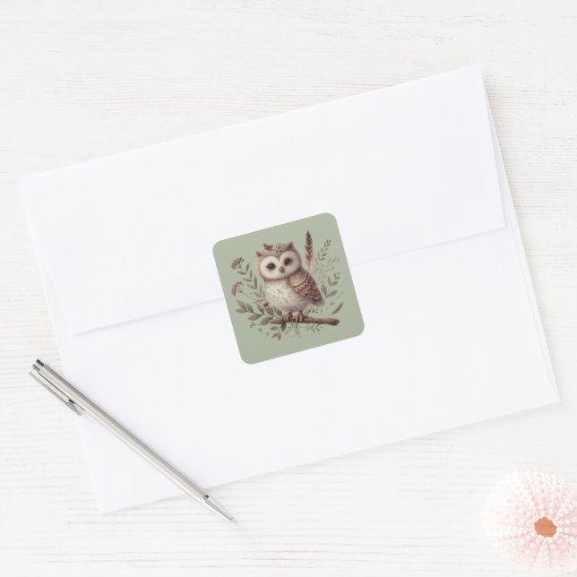 Whimsical Woodland Owl Botanical Illustration Square Sticker (Envelope)
