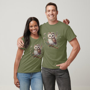 Whimsical Woodland Owl Botanical Illustration T-Shirt