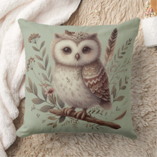 Whimsical Woodland Owl Botanical Illustration Throw Pillow