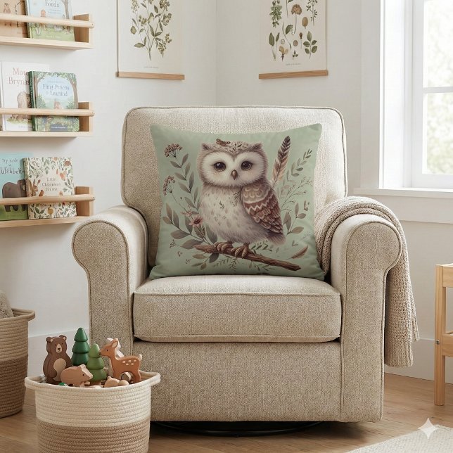 Whimsical Woodland Owl Botanical Illustration Throw Pillow (Whimsical Woodland Owl Botanical Illustration Throw Pillow Mockup A)