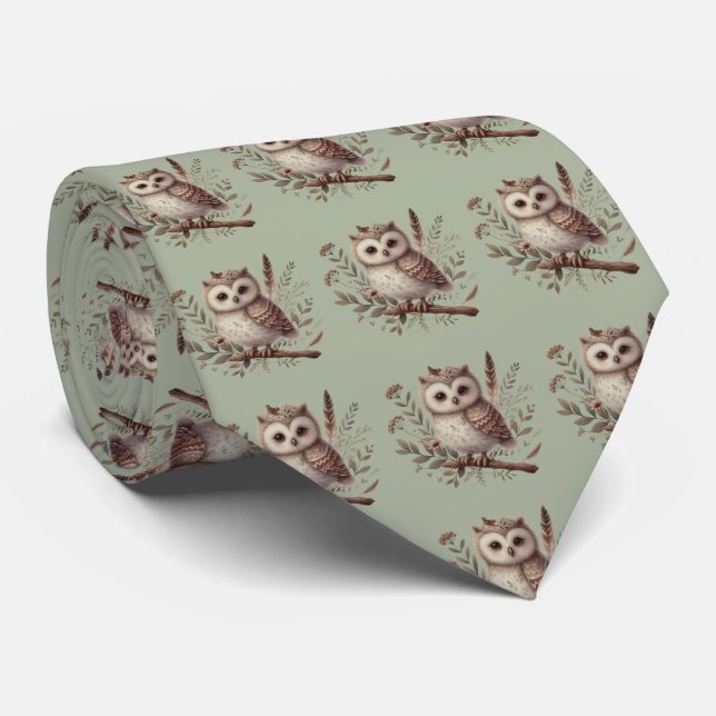Whimsical Woodland Owl Botanical Illustration Tie (Rolled)