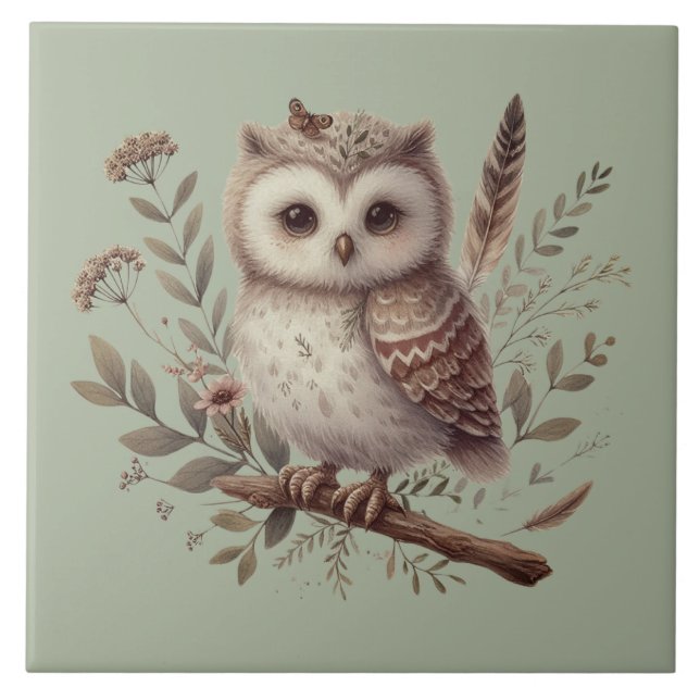 Whimsical Woodland Owl Botanical Illustration Tile (Front)