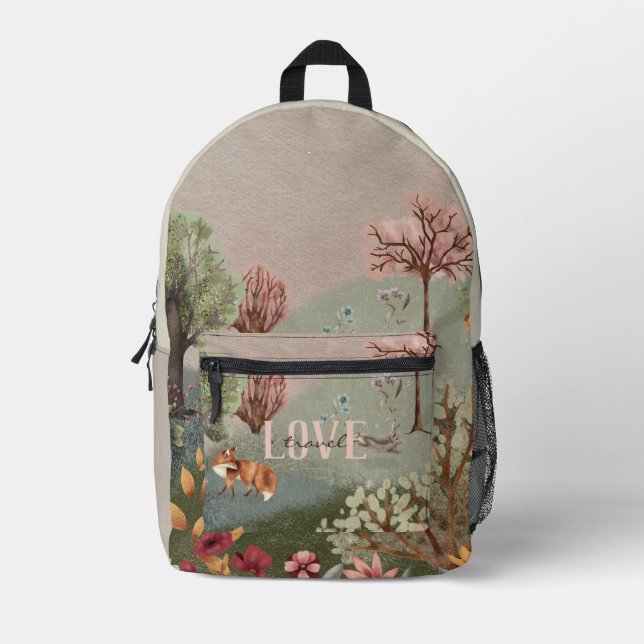 Whimsical Woodland Scene Coloured Pencil Printed Backpack (Front)