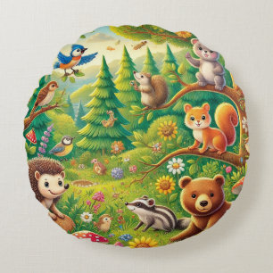 Whimsical Woodland Scene with Cute Animals Round Pillow