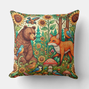 Whimsical Woodland Scene with Cute Animals Throw Pillow
