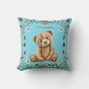 Whimsical Woodland Teddy Bear Blue Nursery Throw Pillow