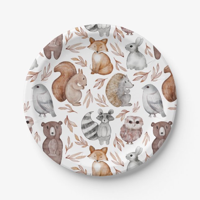 Whimsical Woodland Watercolor Animals Party Paper Plate (Front)