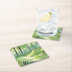 Whimsical Woods Forest Watercolor Landscape Square Paper Coaster