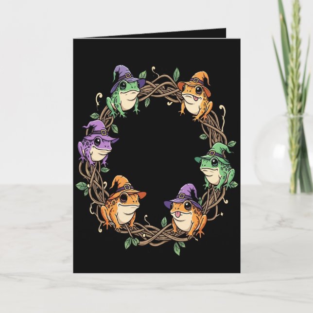 Whimsical Wreath Border Adorned With Witchy Toads Holiday Card (Front)