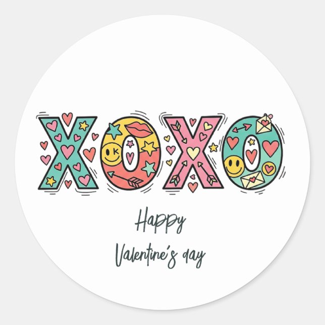 Whimsical "XOXO"Hearts Happy Valentine's Day  Classic Round Sticker (Front)