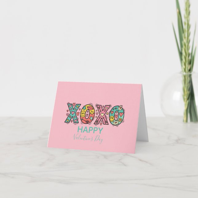 Whimsical "XOXO"Hearts Happy Valentine's Day Pink Card (Front)