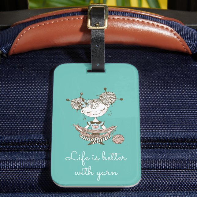 Whimsical Yarn Lover Girl Luggage Tag (Front Insitu 2)
