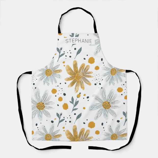 Whimsical Yellow and White Floral Pattern Apron (Front)