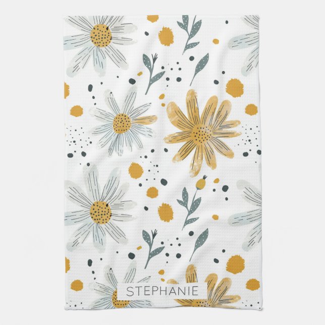 Whimsical Yellow and White Floral Pattern Kitchen Towel (Vertical)