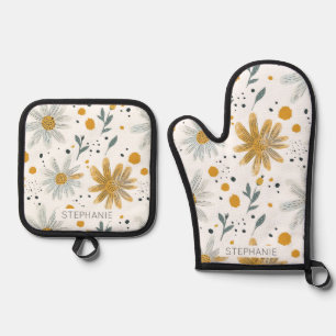 Whimsical Yellow and White Floral Pattern Oven Mitt & Pot Holder Set