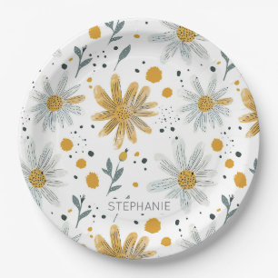 Whimsical Yellow and White Floral Pattern Paper Plate