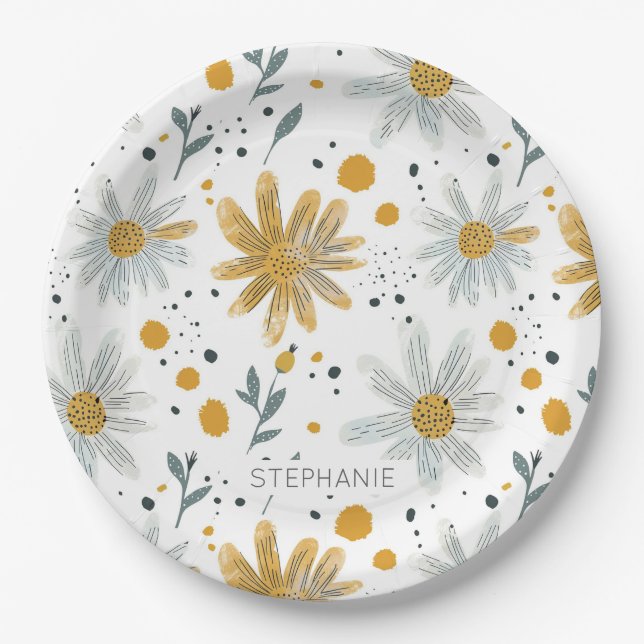 Whimsical Yellow and White Floral Pattern Paper Plate (Front)