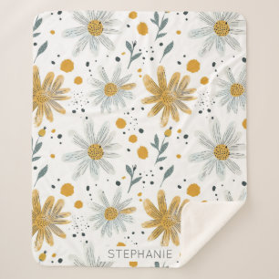 Whimsical Yellow and White Floral Pattern Sherpa Blanket