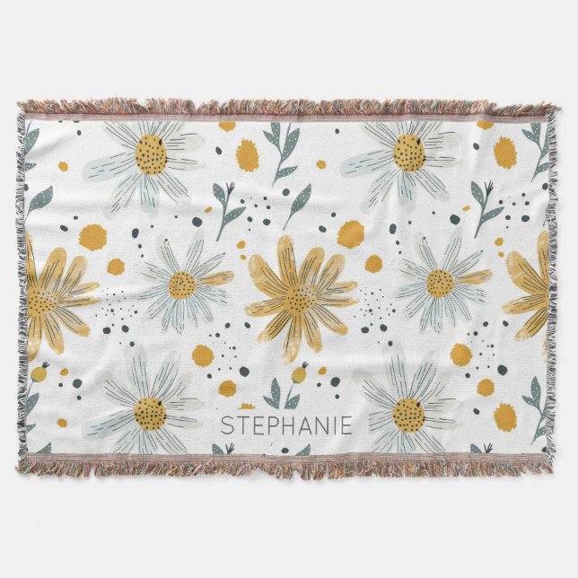 Whimsical Yellow and White Floral Pattern Throw Blanket (Front)