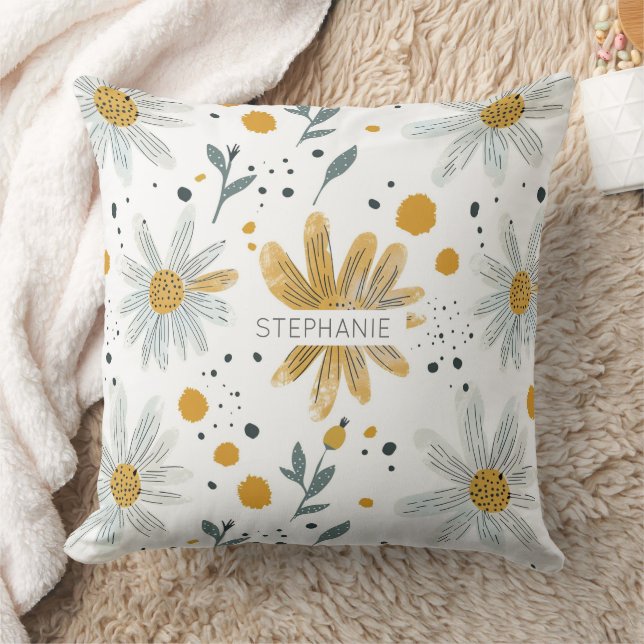 Whimsical Yellow and White Floral Pattern Throw Pillow (Blanket)