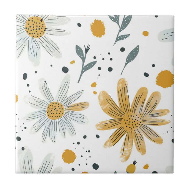 Whimsical Yellow and White Floral Pattern Tile (Front)