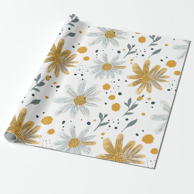 Whimsical Yellow and White Floral Pattern Wrapping Paper (Unrolled)