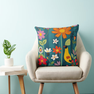 Whimsical Yellow Bird Throw Pillow