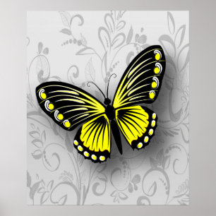 Whimsical Yellow Butterfly on Grey Floral Poster