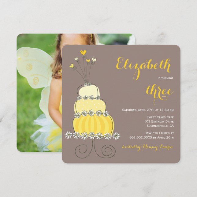 Whimsical Yellow Cake Girl Invitation de fête d'an (Devant / Derrière)