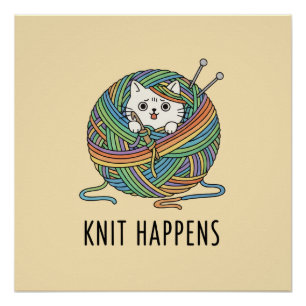 Whimsical Yellow Cat Yarn Art Knitting Wall Decor