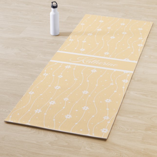 Whimsical Yellow Daisy Floral Script Name  Yoga Mat (In Situ)