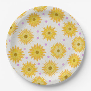 Whimsical Yellow Daisy Wildflower Dot Birthday Paper Plate