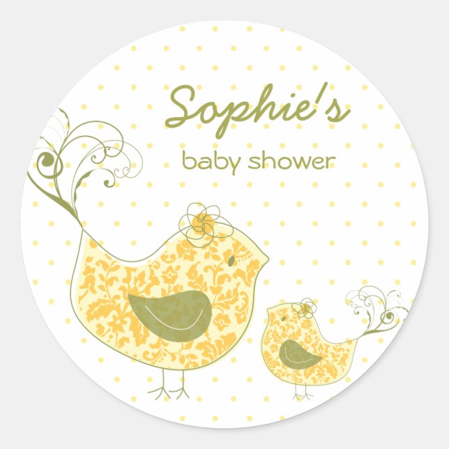 Whimsical Yellow Damask Mommy Bird & Baby Shower Classic Round Sticker (Front)