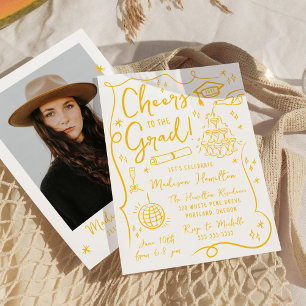Whimsical Yellow Doodles Photo Graduation Party Invitation