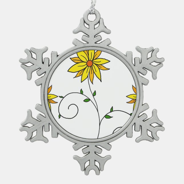 Whimsical Yellow Flower Doodle Art Snowflake Pewter Christmas Ornament (Front)