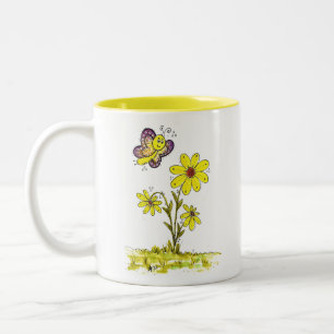Whimsical Yellow Flowers with a Butterfly Two-Tone Coffee Mug