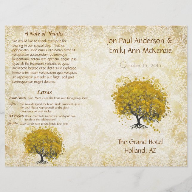 Whimsical Yellow Heart Leaf Tree Wedding Program (Front)